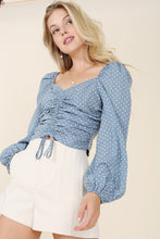 Load image into Gallery viewer, Ruched polka dot crop top with puff sleeves
