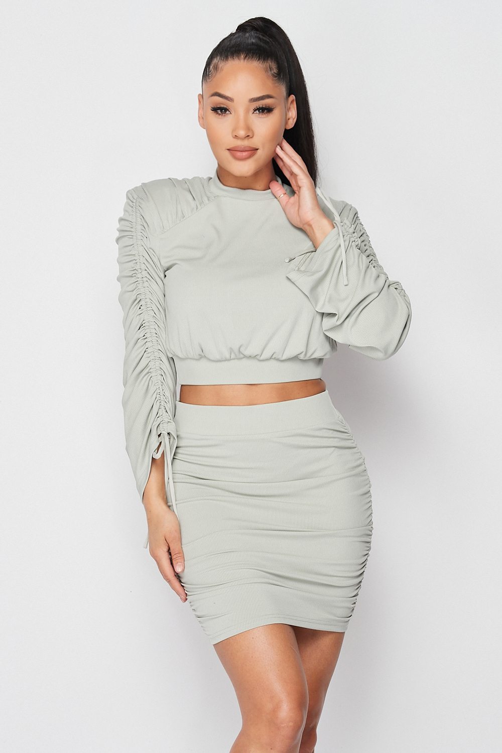 Dusty Mint Ruched Long Sleeve And Skirt Set