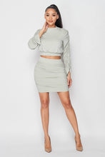 Load image into Gallery viewer, Dusty Mint Ruched Long Sleeve And Skirt Set
