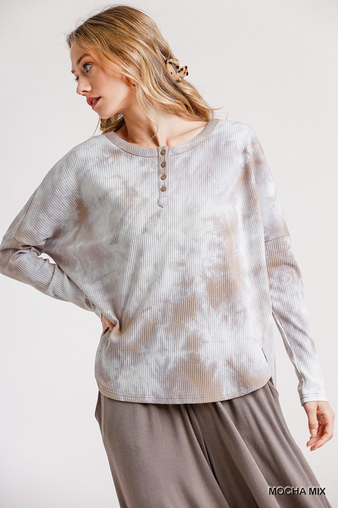 Mocha Tie-Dye Ribbed Button Front Top