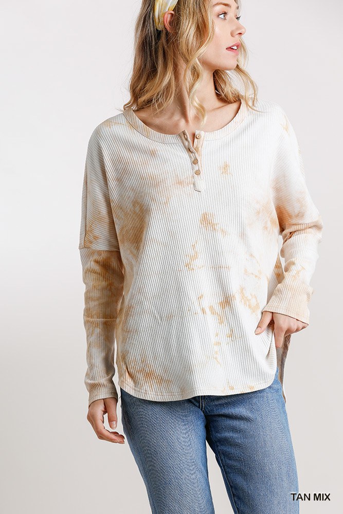 Tan Tie-Dye Ribbed Button Front Top